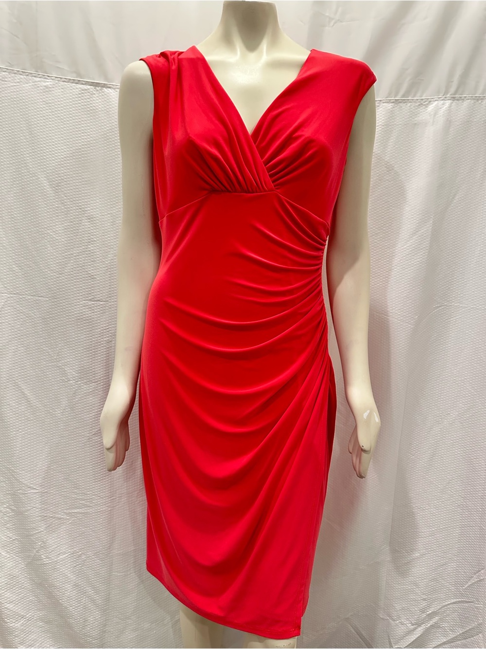 Lauren Ralph Lauren Red Ruched V-Neck Midi Dress